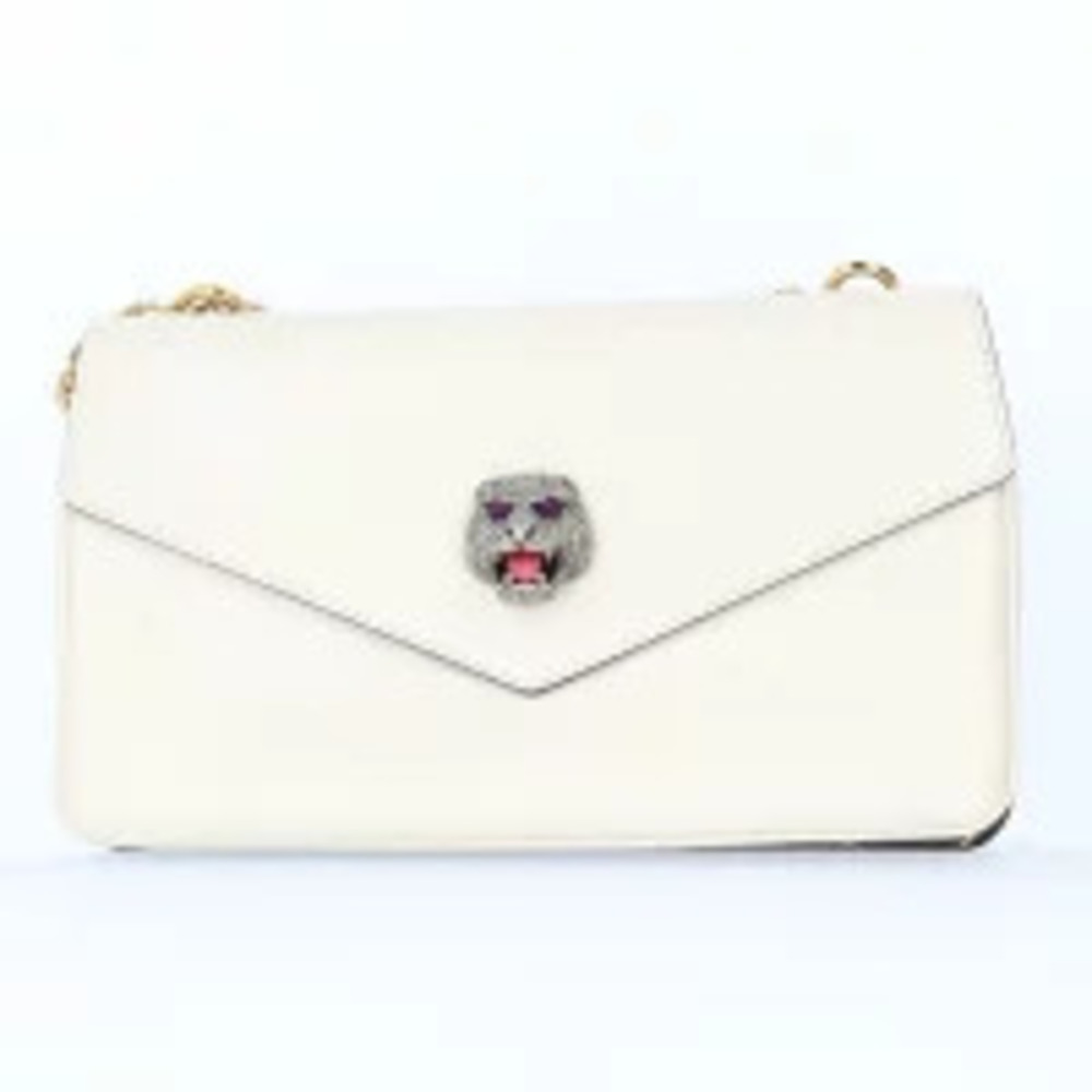 Gucci h Leather Cat White Black Chain Shoulder Bag Gold Face GG Marmont Double